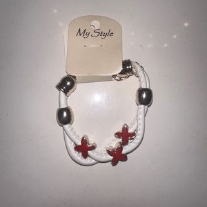 White with red crossed bracelets